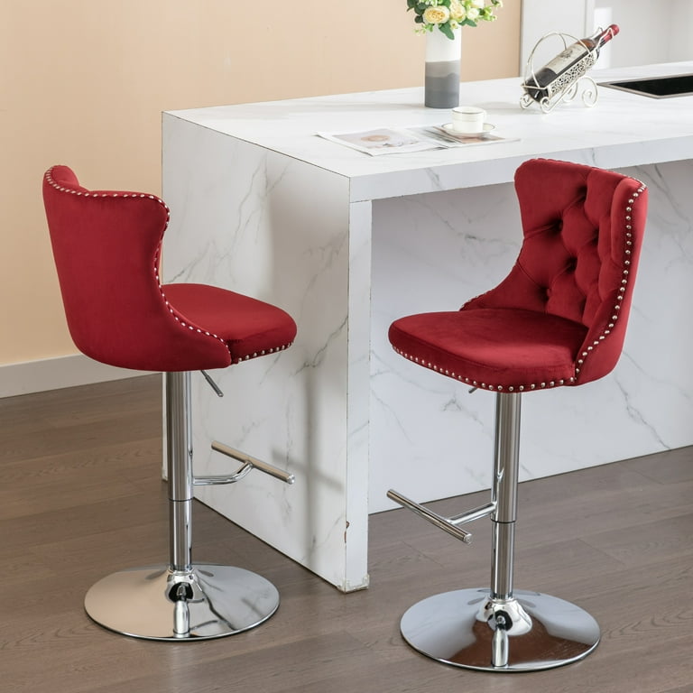 ODUSE-DAILY Burgundy Velvet Bar Stools Set of Adjustable