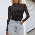 thumbnail image 2 of Arlun Sparkly Sequin Mesh Splicing Neck Tops for Women Long Sleeve Sheer See Through T-Shirts Lightweight Soft Comfy Fashion Solid Color Carnival Festival Outfits Black L, 2 of 5