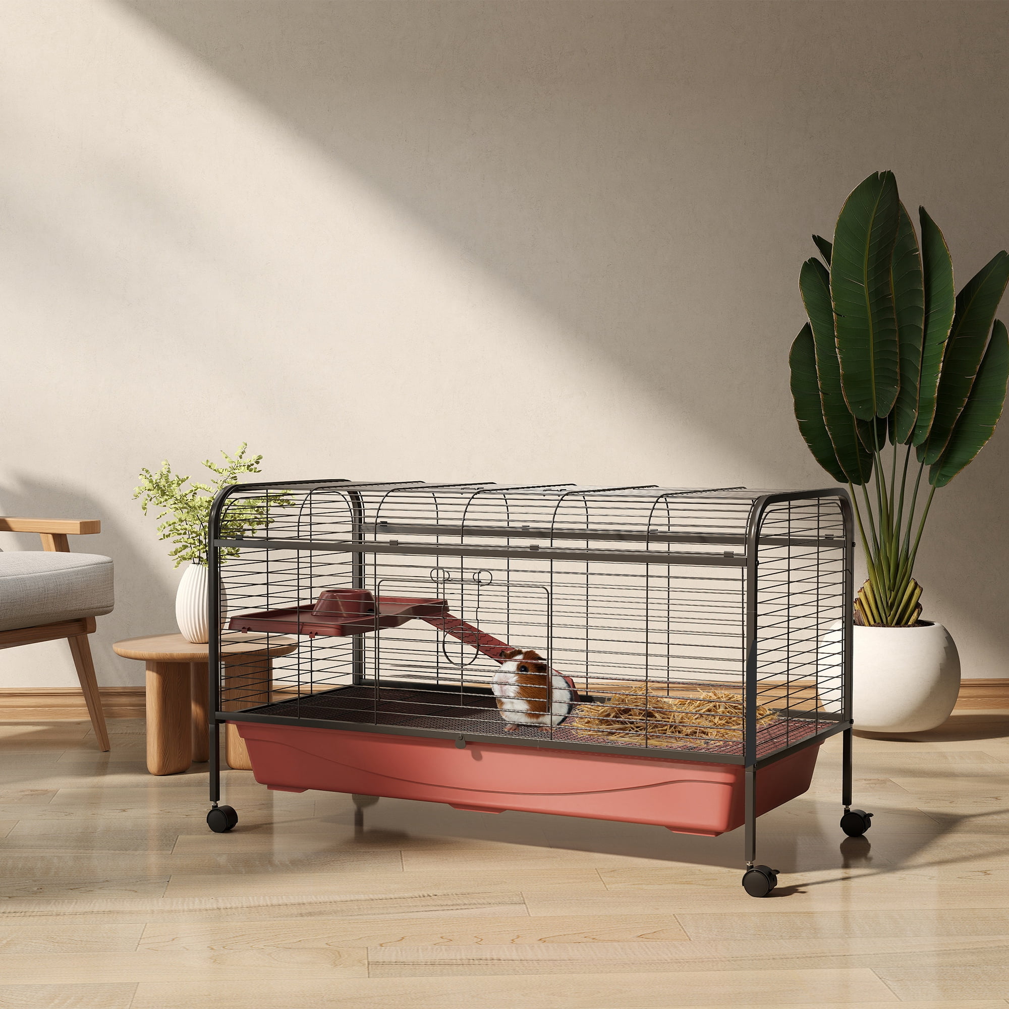48" L Small Animal Cage, Rabbit Hutch, or Ferret Pet Play House with Feeder, Rolling Wheels, Platform, Ramp