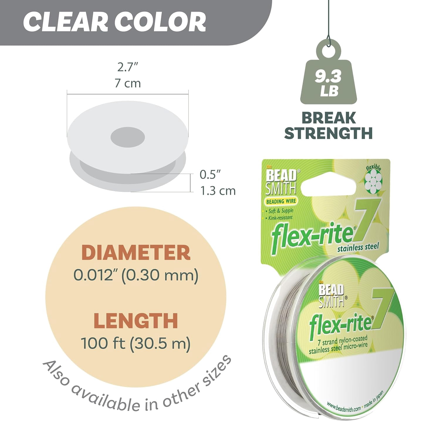 The Beadsmith Flex-Rite Beading Wire - 7-Strand, 0.012" (0.30 mm) Dia, Clear, 100 ft