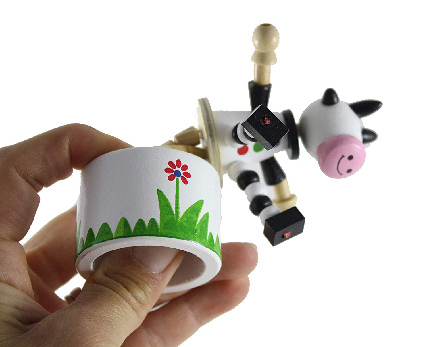 Classic Wood Toy Push Puppet Farmer MacDonald's Cow Black/White Milk Holstein 