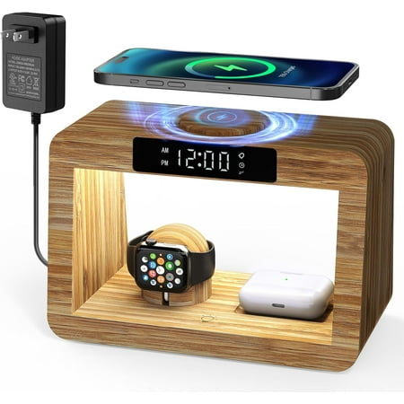 Bamboo Wireless Charging Stat with Alarm Clock & Night Light, 3 in 1 Charging Stat for iPhone 17/16/15/14/13/12/11 Pro Max/X/Xs, AirPods 4/3 & AirPods Pro 3/2/1/, Apple Watch Series