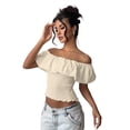 thumbnail image 4 of Women'S Off the Shoulder Blouse Ruffle Short Sleeve Smocked Going Out Crop Tops Apricot S, 4 of 9