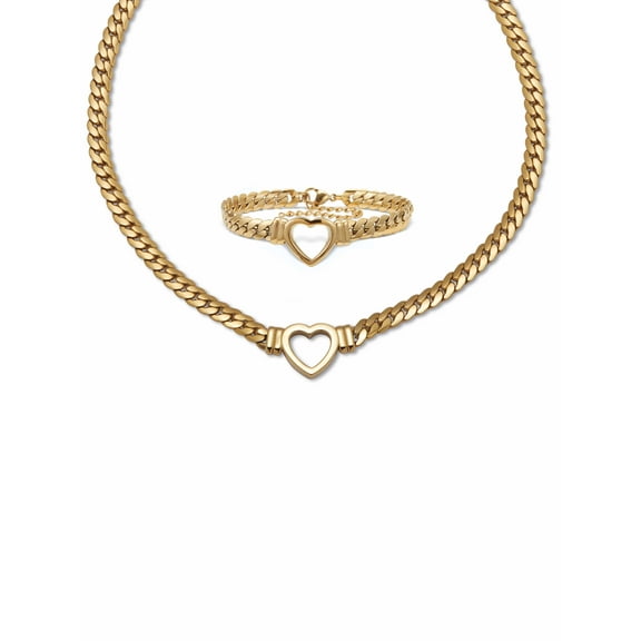 PalmBeach Jewelry Yellow Gold Ion-Plated Stainless Steel Heart Fancy Link Bracelet And Necklace 16 Inch