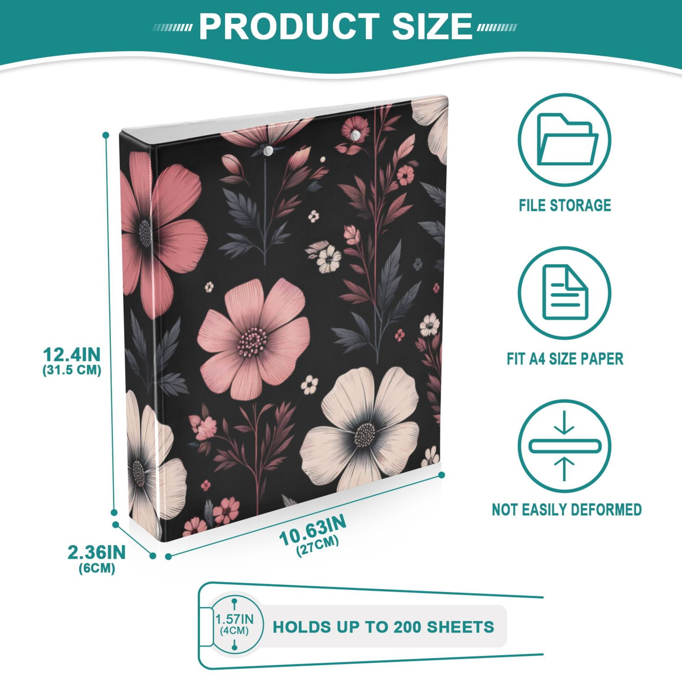 Pink Flower on Black 3 Ring Binders 1.5 inch Hardcover File Folders with Interior Pockets A4 Size Organizer for School Office Hospital