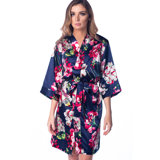 Pretty Robes Women’s Floral Satin Silky Robe Kimono for Bride Bridesmaids Flower Girls Comfy