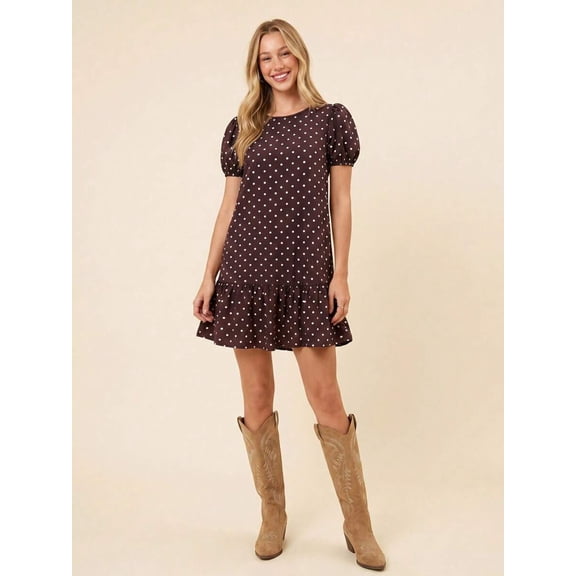 Brown Polka Dot Bubble Sleeve Ruffle Hem Babydoll Mini Dress For Women