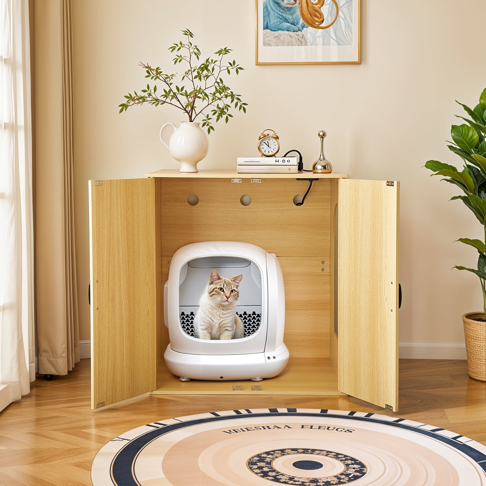 JanflyHome Cat Litter Robot Enclosure Cabinet, Litter Box Enclosure Furniture with Charge Station, Wood