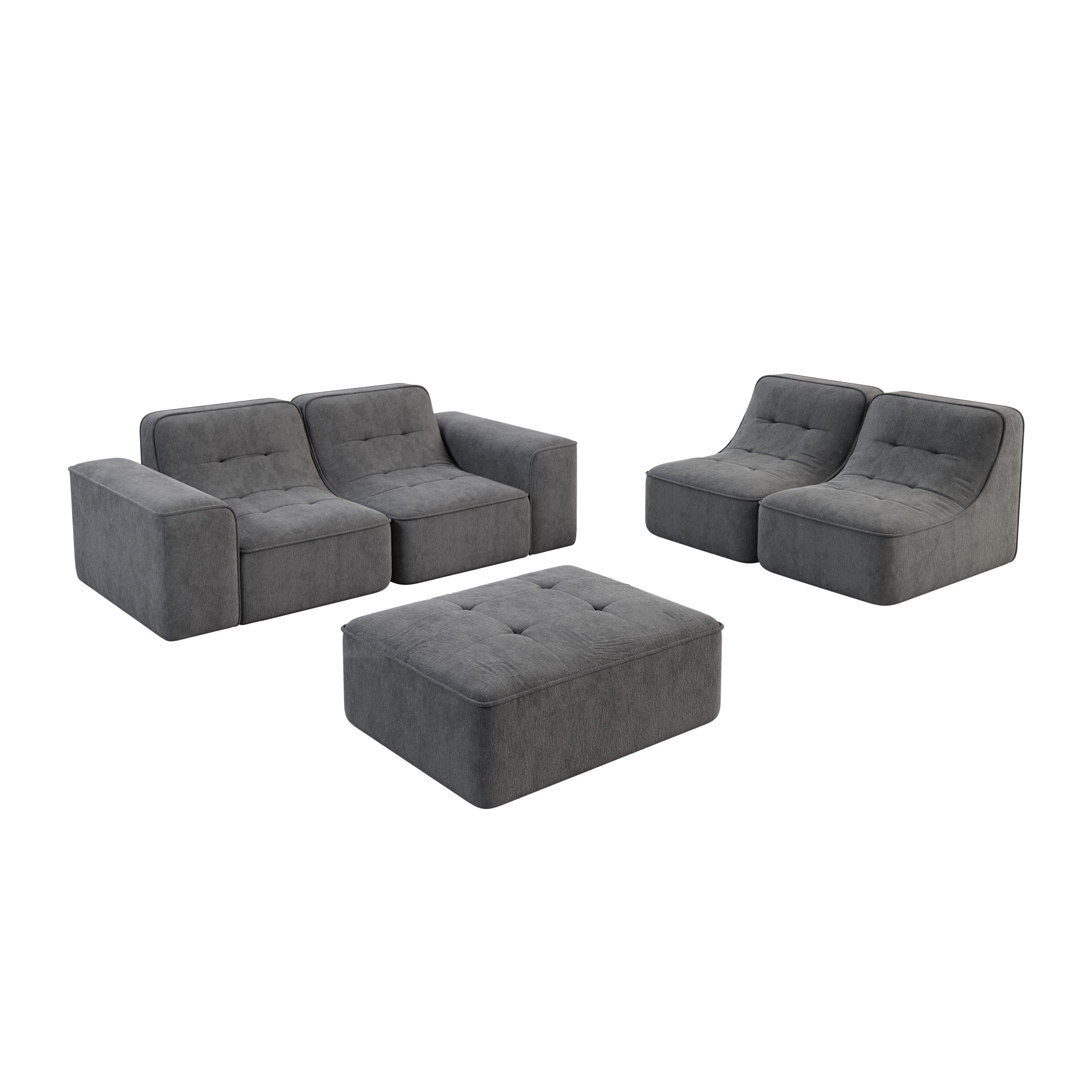 Noble House 144" Modular Sectional Sofa, Tufted Sparkling Chenille Deep Seat Couch with Ottoman, Accent Chair, Gray