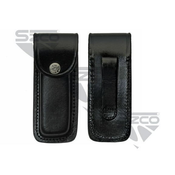 SZCO 5" Black Top Grain Leather Sheath for Folding Knife – Snap Button Closure with Belt Carry Design