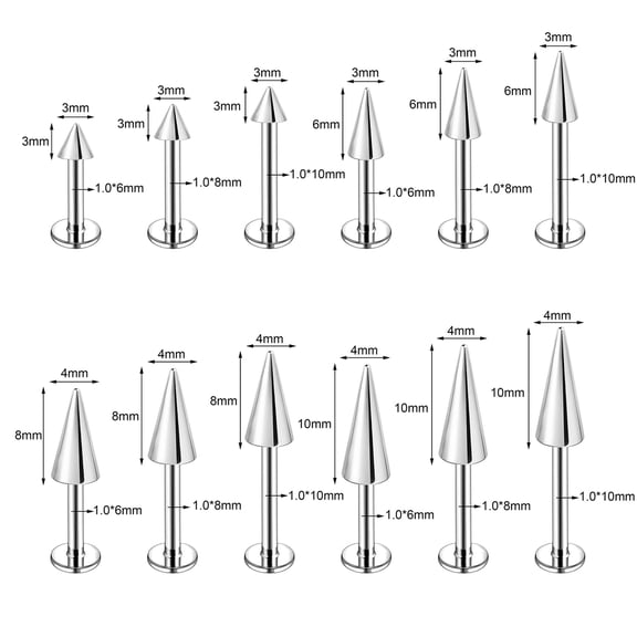 QQTDFG 3Pcs/Set Large Spike Labret Studs Stainless Steel Ear Helix Tragus Lip Piercings-1.0mm*6/8/10mm-4*8mm Spike