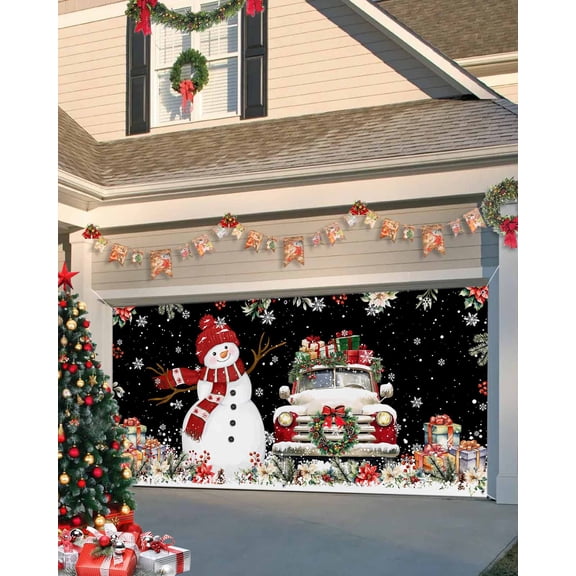 Garage Door Banner Cover 6 x 13 ft, Christmas Winter Snowman Xmas Truck Poinsettia Fir Leaves Black Christmas Garage Door Decorations Holiday Christmas Backdrop Decor for Winter New Year Xmas Party