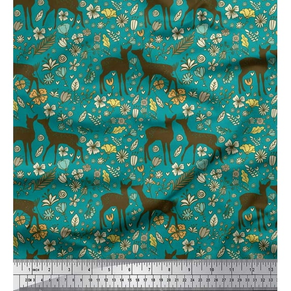Soimoi Cotton Poplin Fabric Leaves,Floral & Deer Animal Print Fabric by The Yard 56 Inch Wide