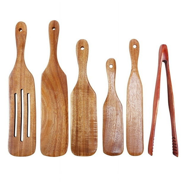 Juego de 6 espátulas de madera, juego de espátulas de teca, juego de utensilios de cocina con espátula de madera resistente al calor, cucharas de madera antiadherentes