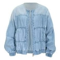 thumbnail image 2 of Light Wash Denim Jacket for Women 2025 Long Sleeve Crewneck Loose Pleated Zip Up Casual Jean Jackets Outerwear, 2 of 7