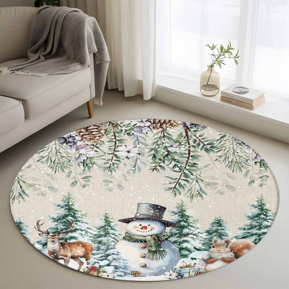 Sage Green Christmas Round Area Rug 4 FT,Non Slip Indoor Outdoor Rug,Snowman Xmas Tree Snowflake Elk Rustic Washable Soft Circular Carpet Floor Mat for Coffee Table Nursery Foyer Balcony