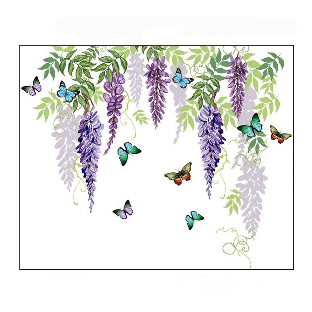 Colorful Flowers Vine Wall Stickers Spring Garden Floral Wall Decals Grass Butterfly Wisteria Flowers Morning Glory Floral Wall Sticker for Girls Bedroom Living Room Corners Skirting Lines Waist Lines
