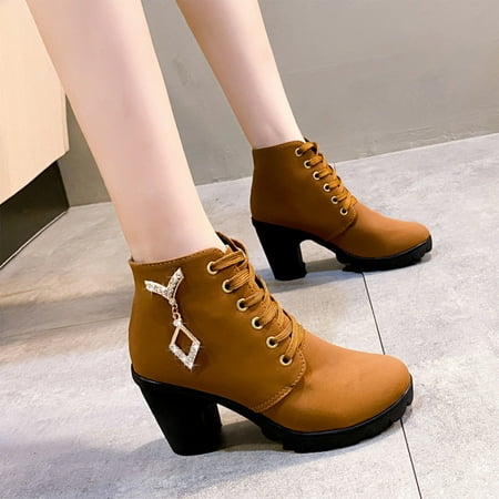 

Tawop Walking Shoes for Women Plus Size Boot Thick Sole Zipper Chunky Heel Lace Up Boot Pu Brown 41(Us:8.5)