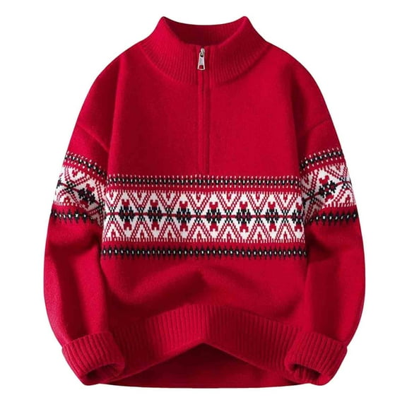 Men's Vintage Sweaters Casual Stand Collar Sweatshirt Stretch Jacquard Long Sleeve Pullover Christmas Sweater Red-1 M