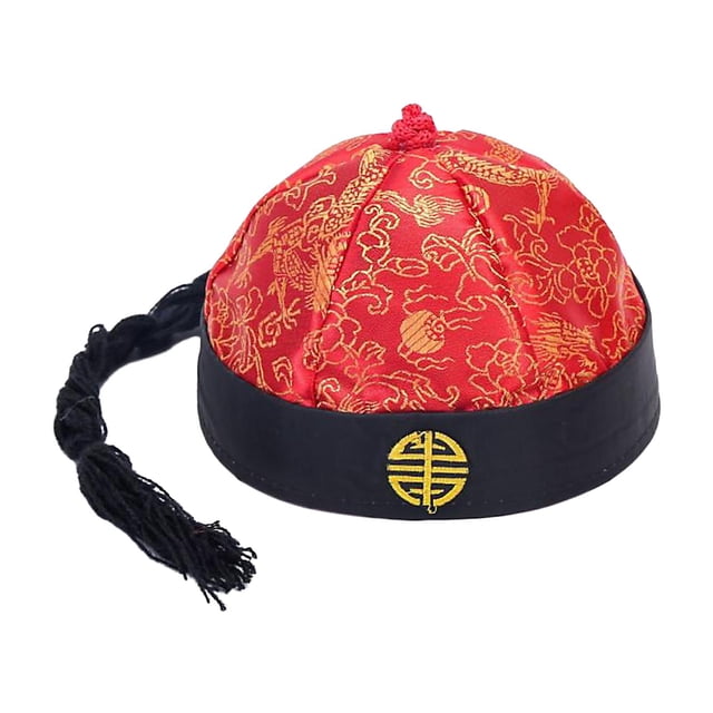 Sombrero oriental chino Decorativo Sunnimix con Cola de Caballo para Fiesta Temática de disfraces de Teatro Rojo y negro