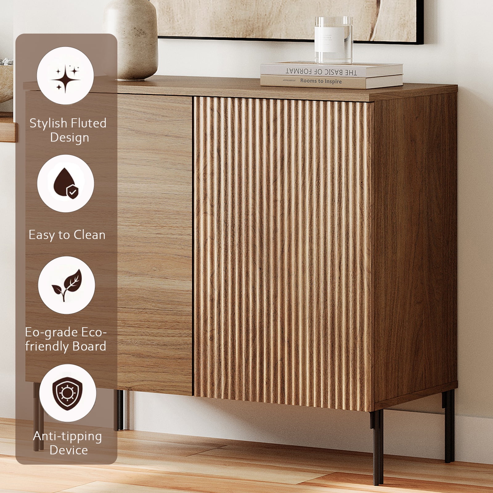 31.5" Modern Wood Reeded Dresser with Doors, Minimalist Dresser Organizer Storage Cabinet for Bedroom,Living room, Entryway