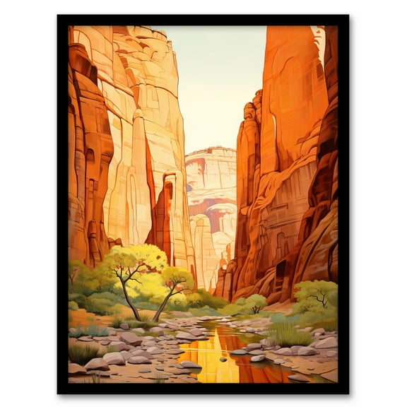 Zion National Park Canyon Artwork Amber Orange Green Bright Sunlit Narrows Gorge Art Print Framed Poster Wall Decor 12x16 inch