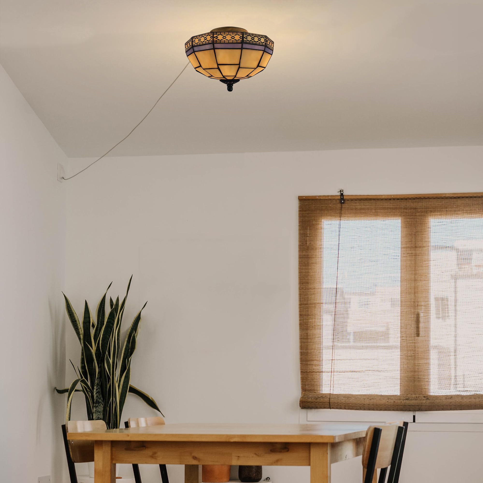 Kiven 9.84in Plug-in Flush Mount Ceiling Light Fixture, 2-Light Anti Glare Close to Ceiling Light with 15FT Cord, Tiffany-Style Glass Chandelier Dimmable for Bedroom Kitchen Foyer(No.3229)