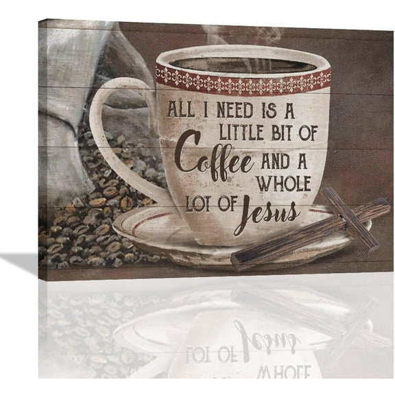 Farmhouse Christian Coffee Wall Art Rustic Cross Christ Coffee Kitchen Wall Decor Country Kitchen Pictures Canvas Prints Motivational Framed Modern Artwork for Home Dinning Room Cafe Decor 16"x12"