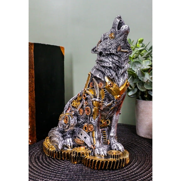 Ebros Steampunk Silver Alpha Wolf Howling Statue with Gears Base 7.5"H Figurine