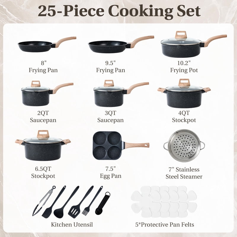 Gianna 25 Pcs Non-Stick Pots and Pans, Non-toxic Kitchen Cooking Set with Stay-Cool Handles, Black
