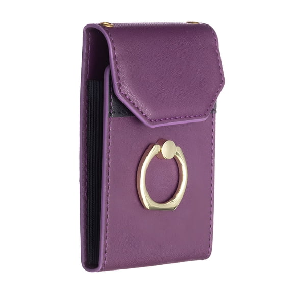 LAMIRO Adhesive Ring Holder Phone Pocket, Cell Phone Stick On Card Holder Wallet Sleeve, PU Leather Credit Cards/ID Card Holder with Sticker for Back of Phone - Deep Purple