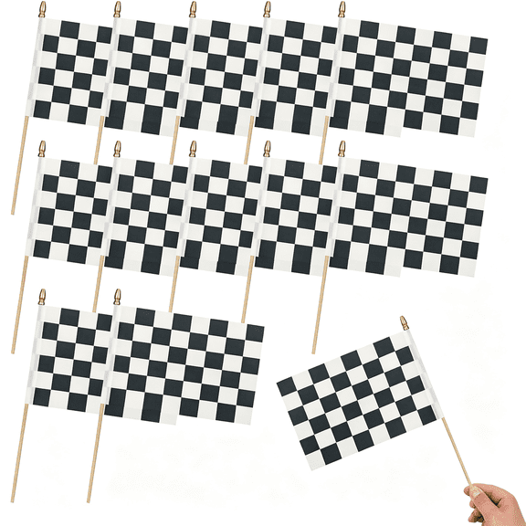 BESTSKY 12Pcs Small Checkered Black and White Racing Flags on Wooden Stick Mini Race Car Flag Hand Held Flag Decorations, Party Decorations Checkered Flags on Sticks 5X8 Inch