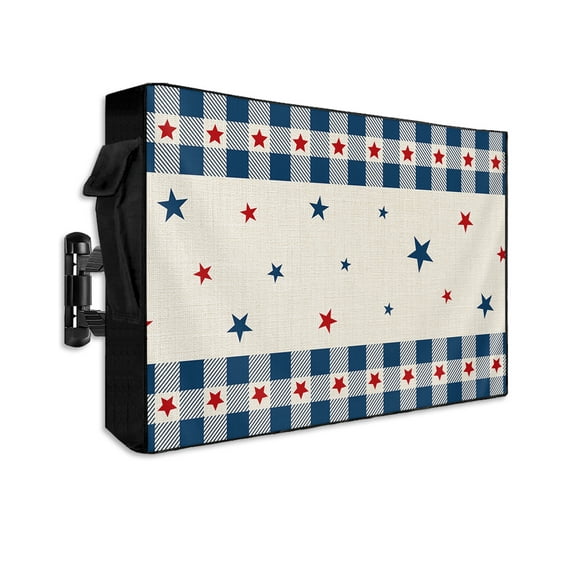 4th of July Star Outdoor TV Cover 40 to 43 Inch Weatherproof, Country Star Independen Day Blue Plaid 600D Oxford TV Covers with Waterproof Zipper, Outside Flat TV Screen Protector 40"Wx25"Hx4.5"D