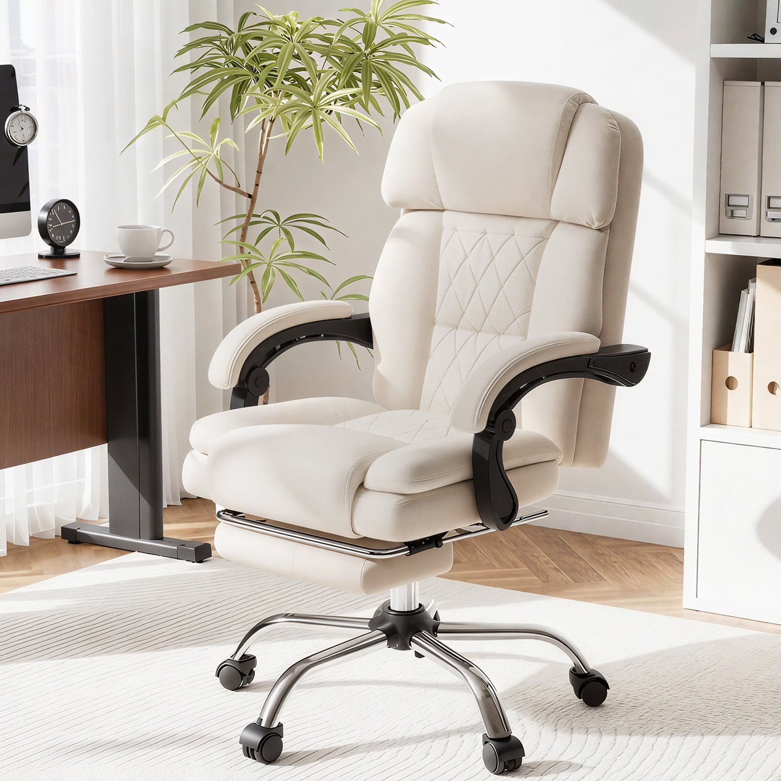 6-Point Massage Office Chair with Heat, Ergonomic Reclining Desk Chair with Footrest, Soft Chenille Fabric Executive Chairs for Home Office, Comfortable Computer Chair Gift for Women, Beige