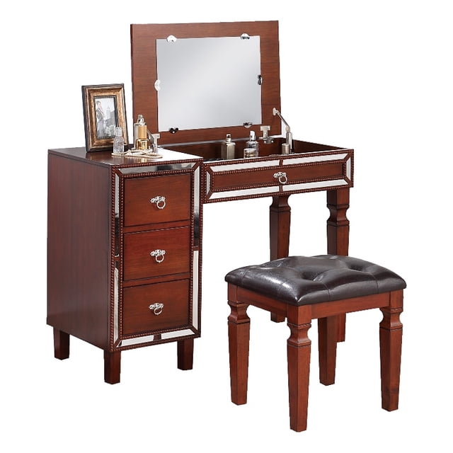 Poundex Wooden Makeup Vanity Set with Lift-up Mirror and Stool - Cherry