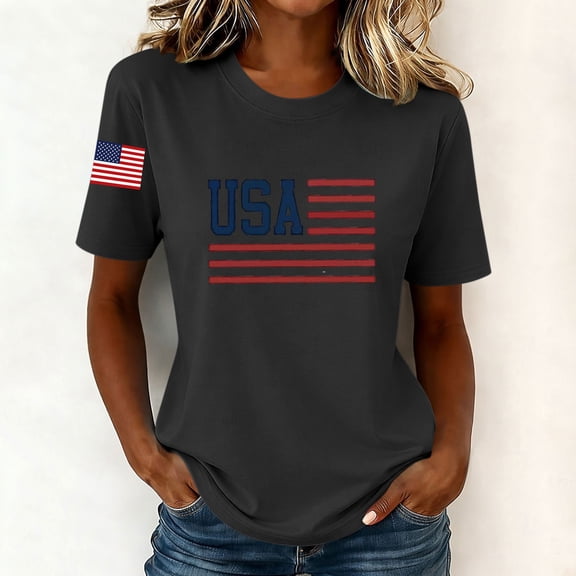 NTACZA Short Sleeve Womens Summer Tops Casual Crew Neck Usa American Flag Print T‑Shirts Graphic Tees Relaxed Fit Festival Black