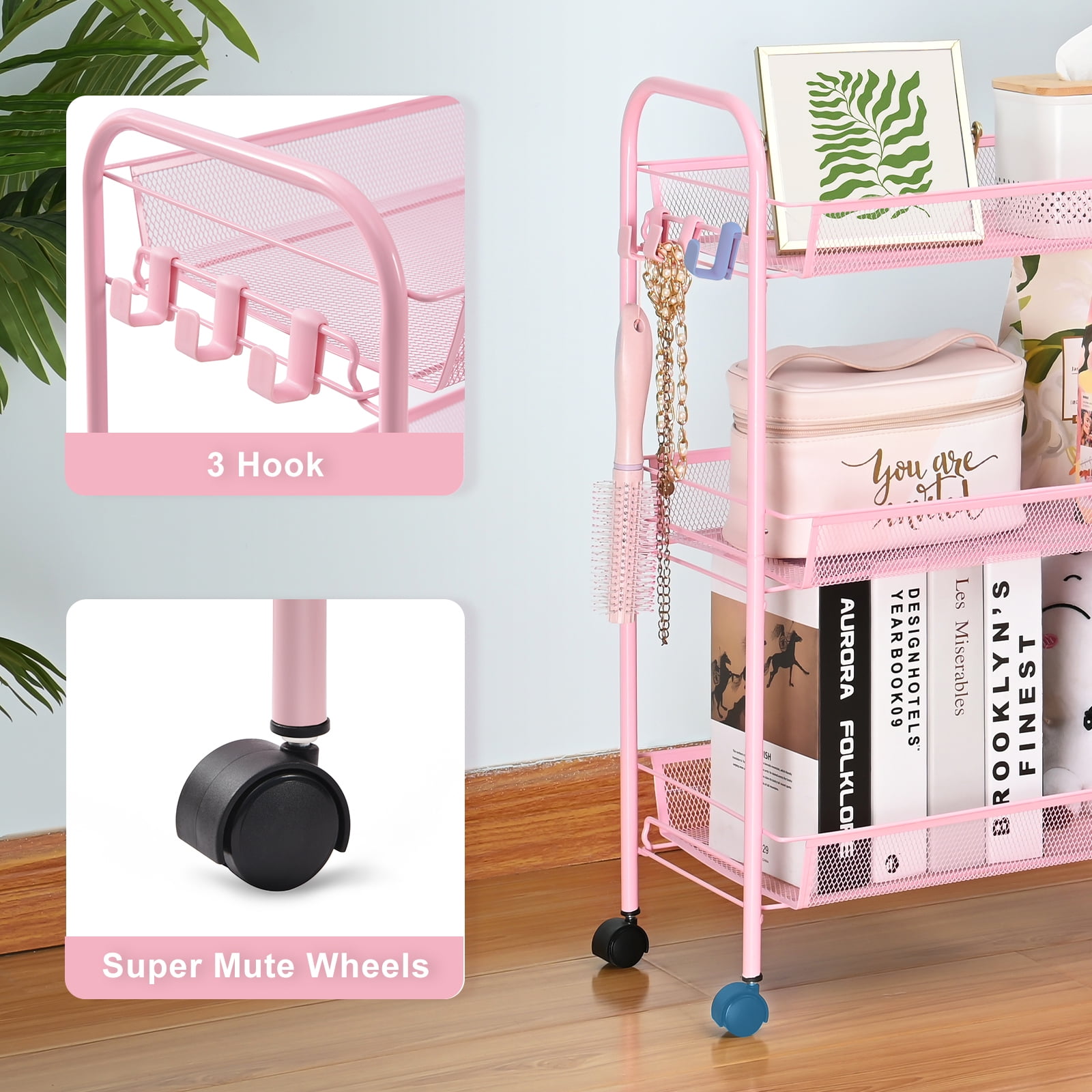 KK KINGRACK 3 Tier Rolling Cart Organizer, Mesh Cart with Wheels, Utility Cart for Office, School,Storage, Pink