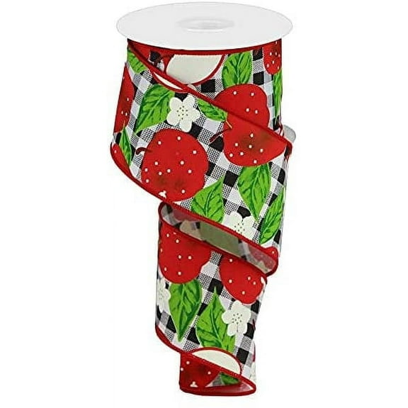 Red Apples Plaid Wired Ribbon - 2 1/2" x 10 Yards, Black & White Checks, Easter, Fall Decor, Christmas, Wreath, Gift Basket