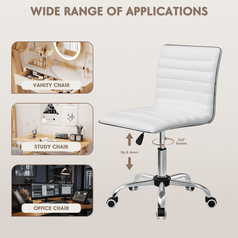 Lacoo Task Chair Desk Chair Mid Back Armless Vanity Chair Swivel Office Rolling Leather Computer Chairs Ribbed Adjustable Conference Chair (White)