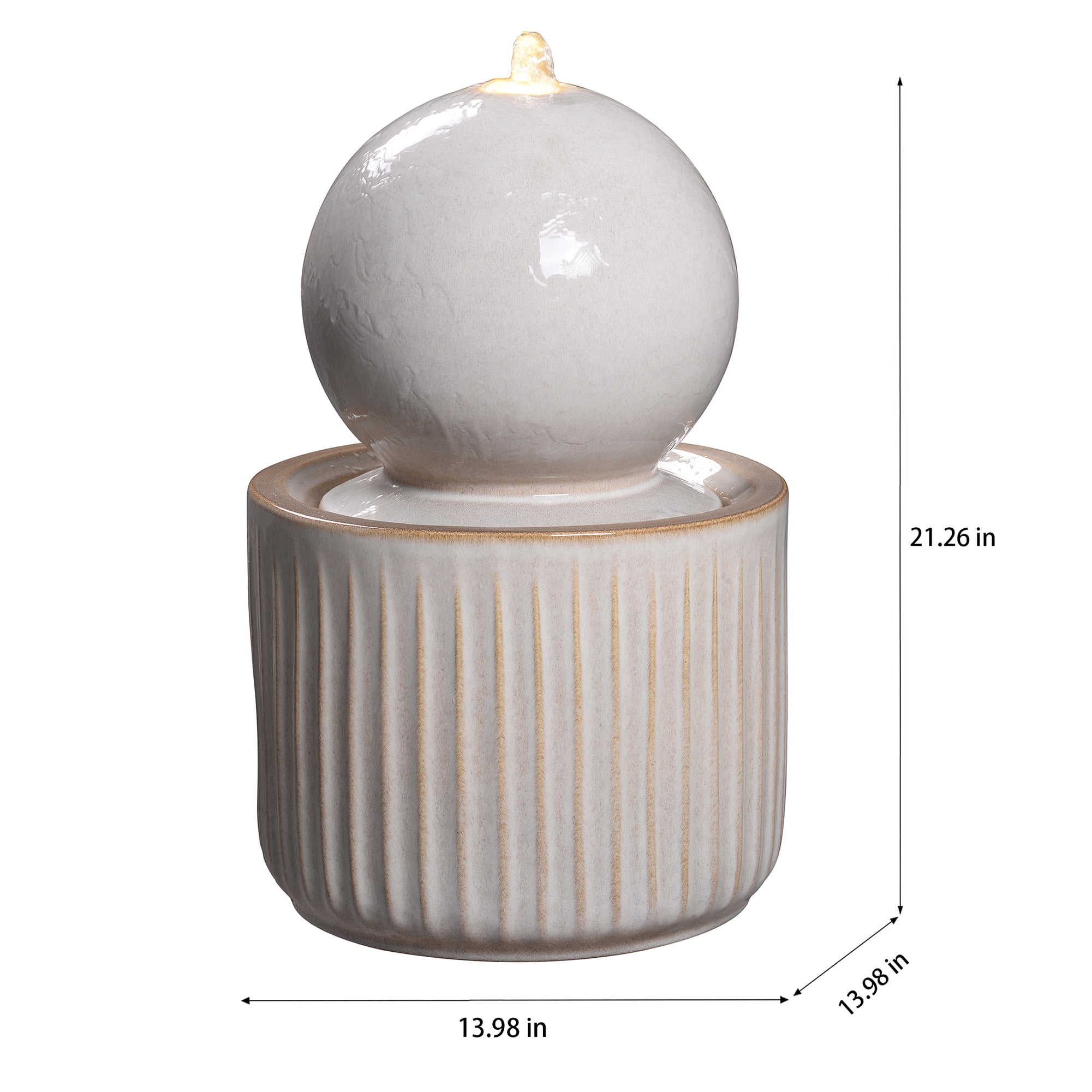 Ivory Ceramic Sphere Fountain, Decorative Water Fountain with LED Lights and Quiet Pump, Indoor Outdoor Water Feature for Patio, Garden, Deck, Balcony, Office and Home Décor