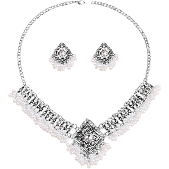 Crystal Jhumkas Indian Earrings Choker Necklace for Women Fashion Cubic Zirconia Boho Beaded Chandelier Pendant Punk Chunky Necklaces for Wedding Party Elegant Bollywood Festival Jewelry Set