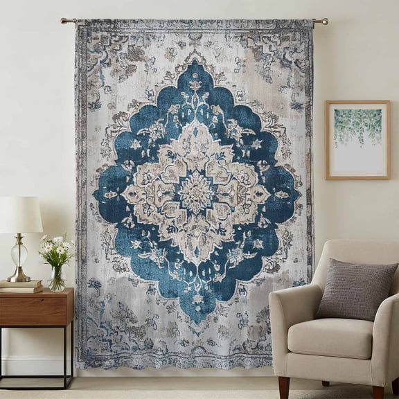 Blue Boho Floral Sheer Curtains 63 Inches Long, Vintage National Floral Textured Light Filering Curtains, Breathable Simi Curtain Privacy Drapes for Living Room Bedroom Lightweight Window Treatment