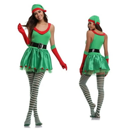 Women's Santa's Helper Elf Christmas Costume 4 Piece Set