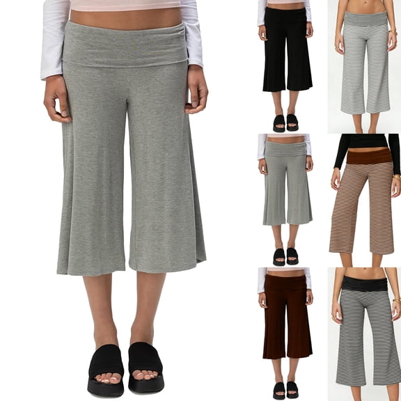 Gaucho Pants for Women Fold Over Flowy Low Rise Wide Leg Capri Pants Casual Stretch Cropped Pant Gray S