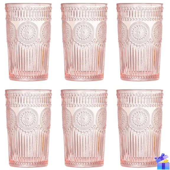 Vintage Glassware Romantic Drinking Glasses - 12 OZ Pink Glassware Embossed Glasses Drinking Set of 6 - Perfect Glass cups for Coffee, Cocktails, and Beverages, Ideal for Gifting