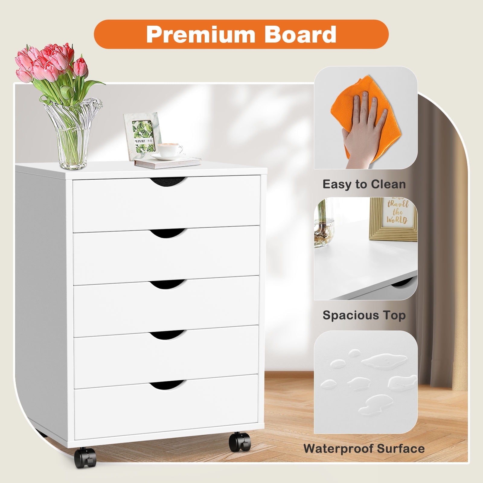 LIFERECORD 5-Drawer Chest, Wood Storage file Cabinet Rolling Storage Dresser with Wheels for Home Office, White