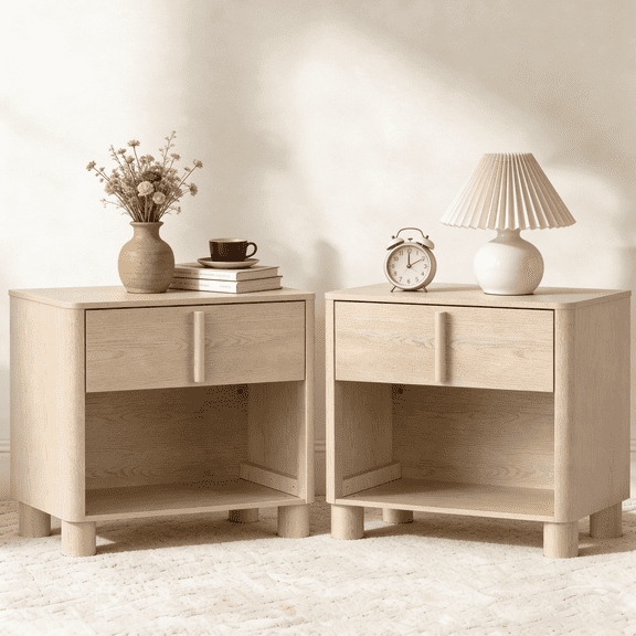 27" Wide Nightstand Set of 2 with Wood Grain Top, Wooden Bedside Table with Drawer & Open Shelf, Modern Curved End Tables with Rounded Body and Cylindrical Legs for Bedroom, Natural
