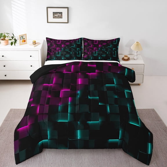 Erosebridal Plaid Buffalo Bedding Twin Comforter Set,Geometric Grid Down Comforter,Neon Gradient Bedding Sets Twin with Comforter,Breathable Boys Bedroom Decor,Reversible,3pcs