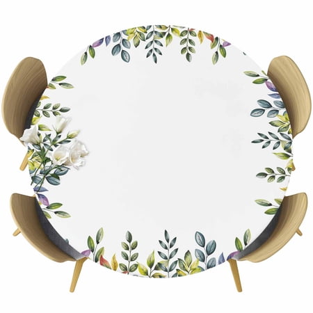Watercolor Leaf Round Tablecloth Fitted Table Cover with Elastic for 45 -54 Round Tables Vintage Pastoral Summer Botanical Table Cloth Outdoor Indoor Dinning Party Waterproof Tablecloths