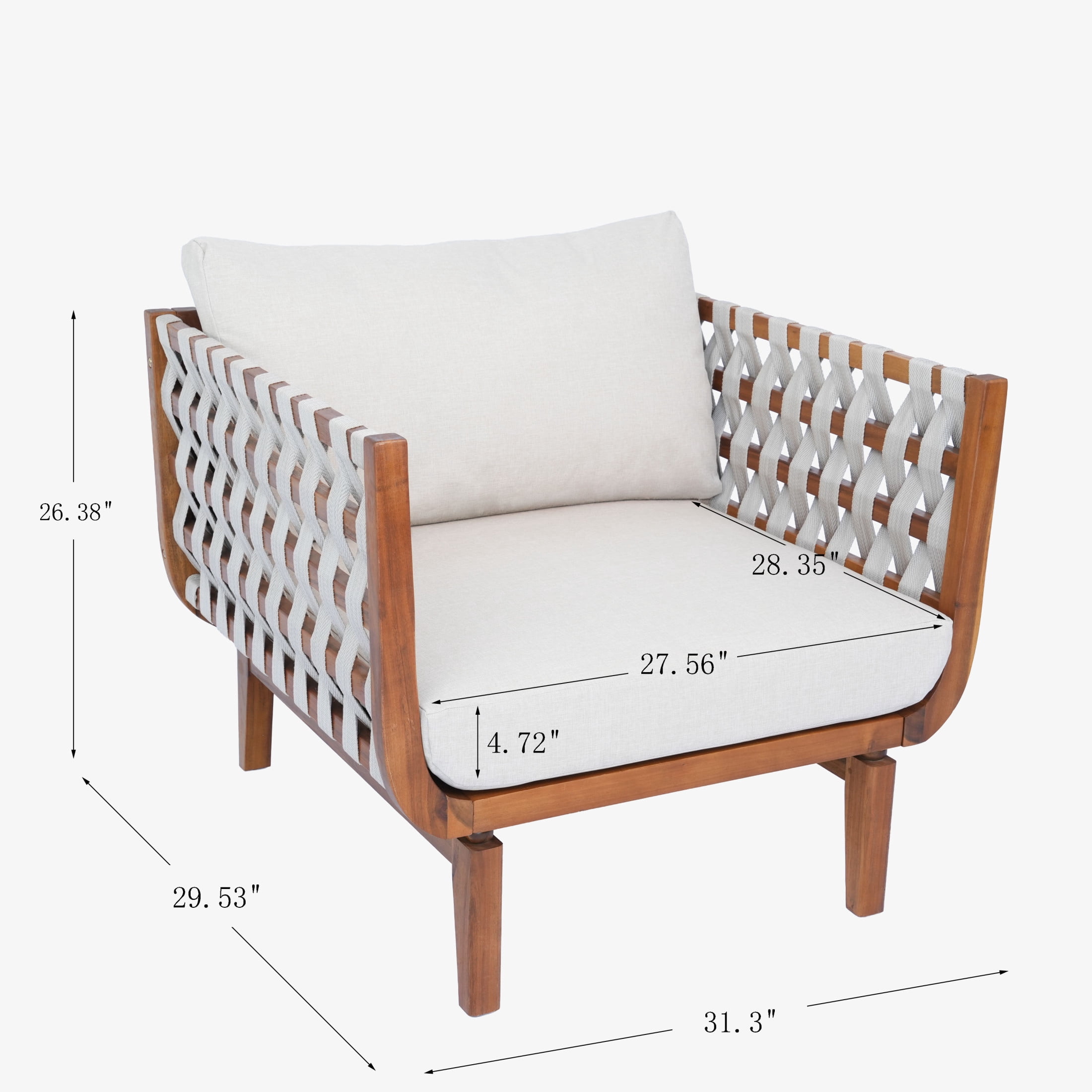 Christopher Knight Home 31.3" Acacia Wood Outdoor Club Chair, Rope Patio with Cushions, Teak+Beige